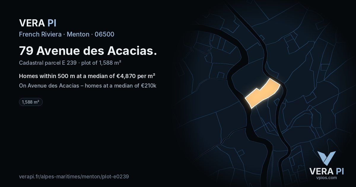 79 Avenue des Acacias, Menton at night – the plot lit, the parcels around coloured by the prices near them