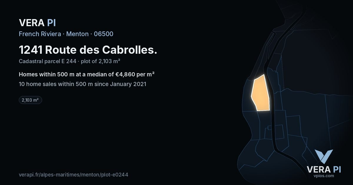 1241 Route des Cabrolles, Menton at night – the plot lit, the parcels around coloured by the prices near them