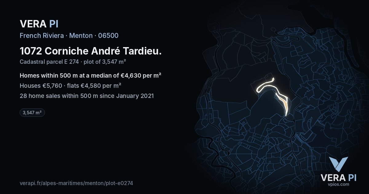 1072 Corniche André Tardieu, Menton at night – the plot lit, the parcels around coloured by the prices near them