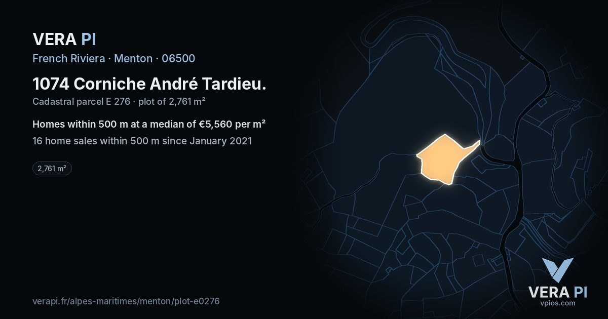 1074 Corniche André Tardieu, Menton at night – the plot lit, the parcels around coloured by the prices near them