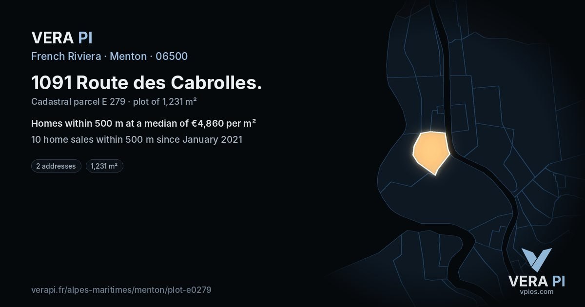 1091 Route des Cabrolles, Menton at night – the plot lit, the parcels around coloured by the prices near them