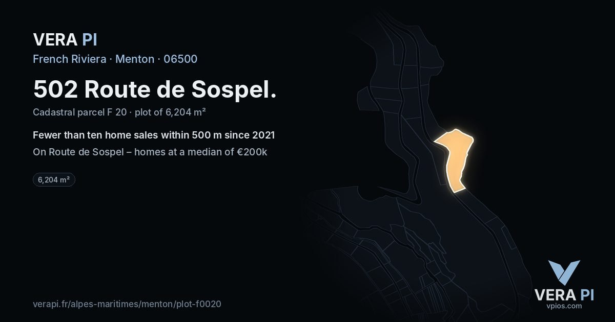 502 Route de Sospel, Menton at night – the plot lit, the parcels around coloured by the prices near them