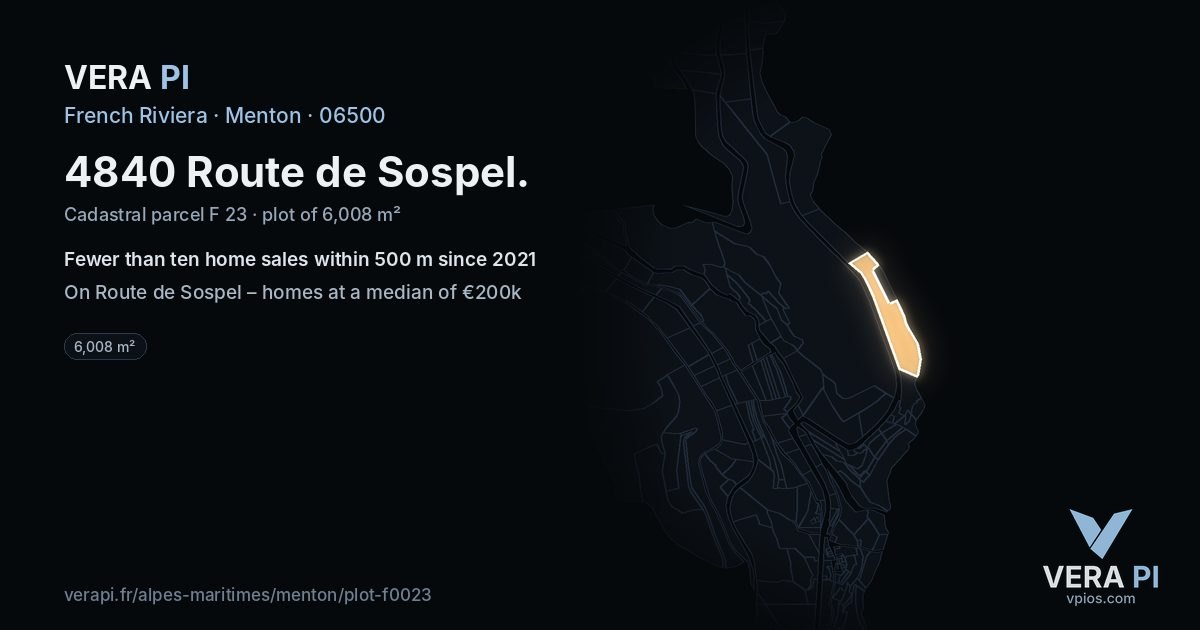 4840 Route de Sospel, Menton at night – the plot lit, the parcels around coloured by the prices near them