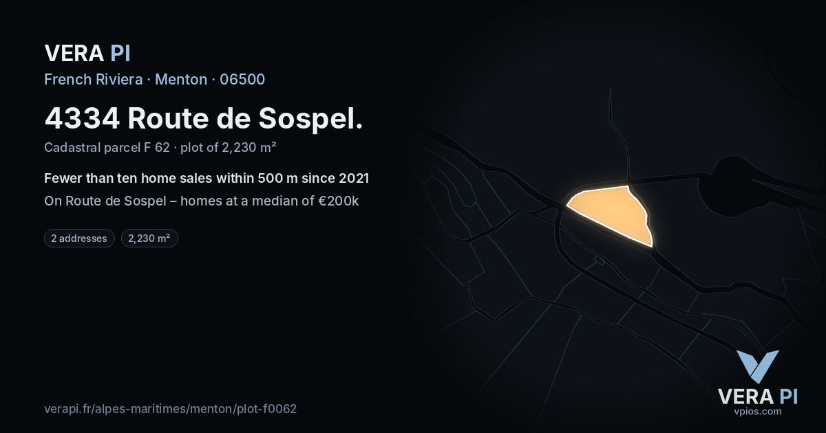 4334 Route de Sospel, Menton at night – the plot lit, the parcels around coloured by the prices near them