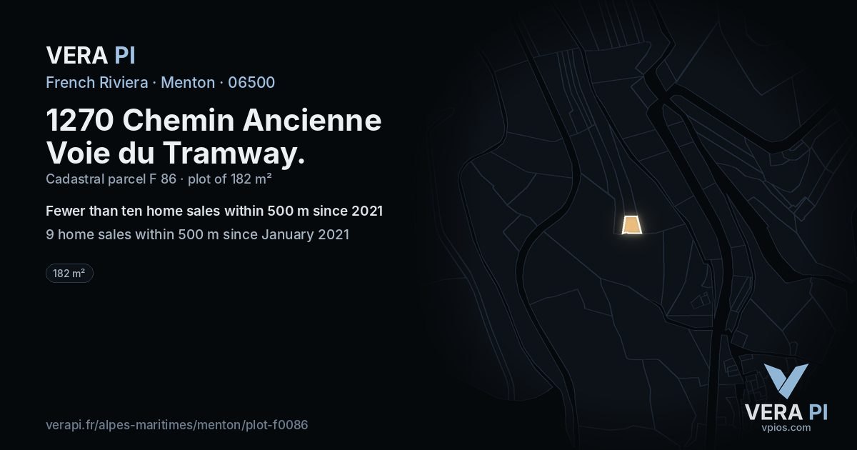 1270 Chemin Ancienne Voie du Tramway, Menton at night – the plot lit, the parcels around coloured by the prices near them