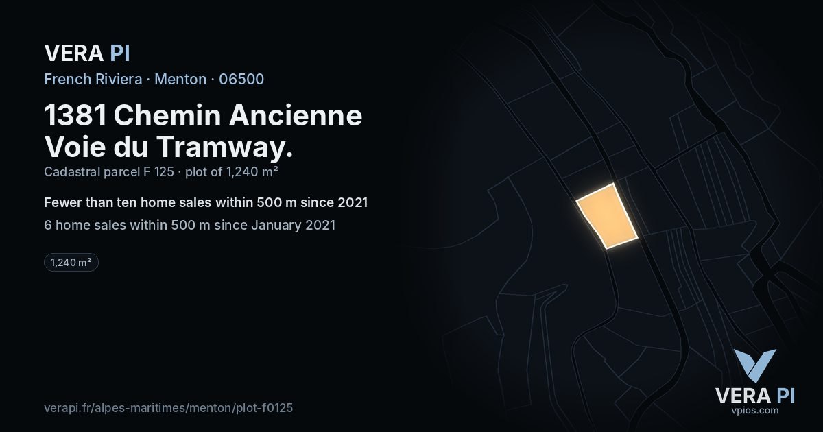 1381 Chemin Ancienne Voie du Tramway, Menton at night – the plot lit, the parcels around coloured by the prices near them