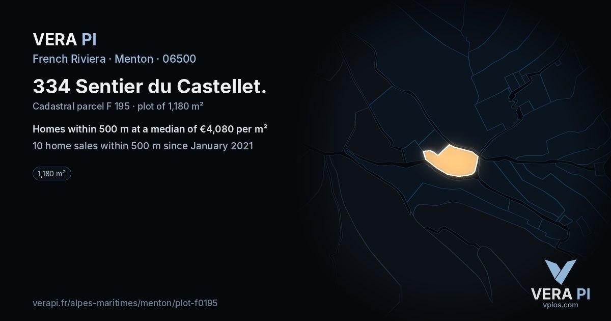 334 Sentier du Castellet, Menton at night – the plot lit, the parcels around coloured by the prices near them