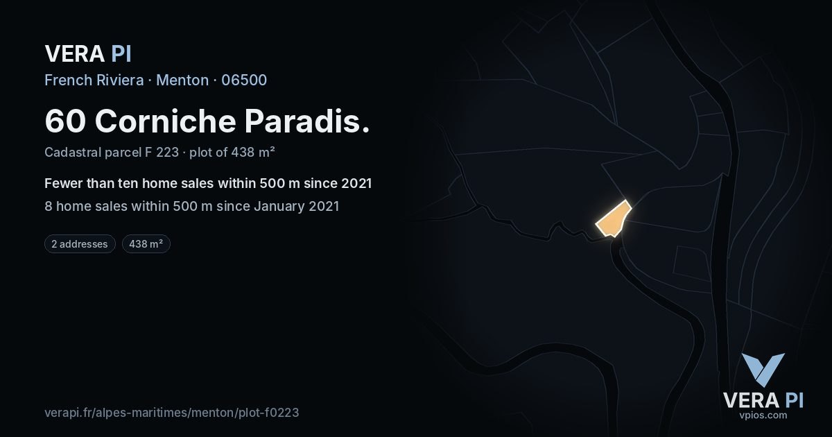 60 Corniche Paradis, Menton at night – the plot lit, the parcels around coloured by the prices near them