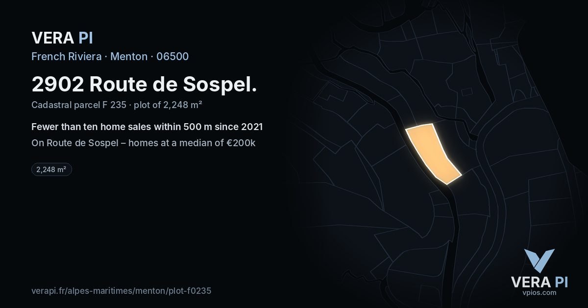 2902 Route de Sospel, Menton at night – the plot lit, the parcels around coloured by the prices near them