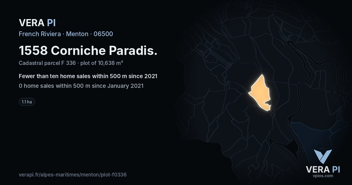 1558 Corniche Paradis, Menton at night – the plot lit, the parcels around coloured by the prices near them