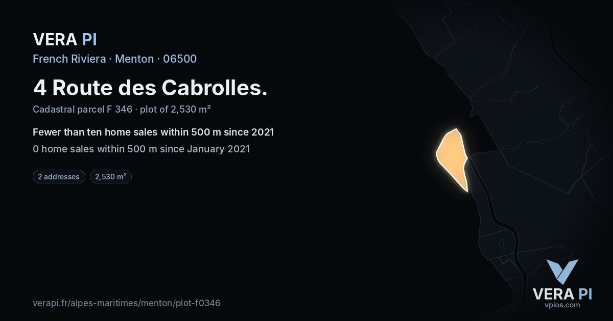 4 Route des Cabrolles, Menton at night – the plot lit, the parcels around coloured by the prices near them