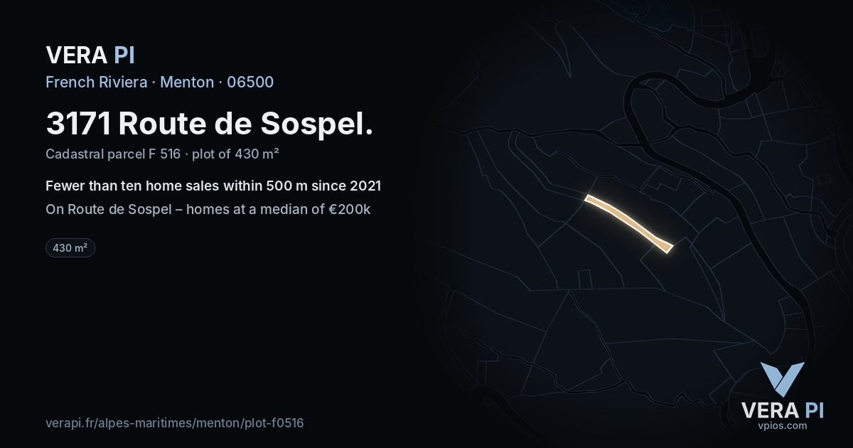 3171 Route de Sospel, Menton at night – the plot lit, the parcels around coloured by the prices near them