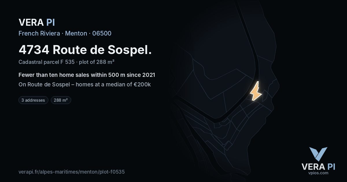 4734 Route de Sospel, Menton at night – the plot lit, the parcels around coloured by the prices near them