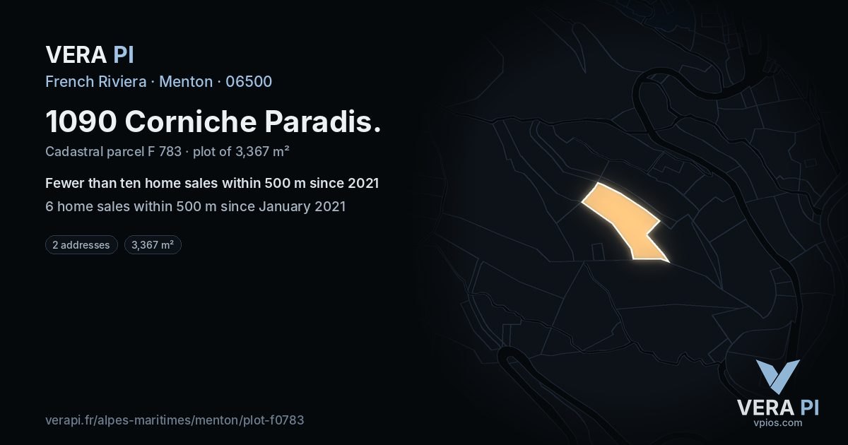 1090 Corniche Paradis, Menton at night – the plot lit, the parcels around coloured by the prices near them