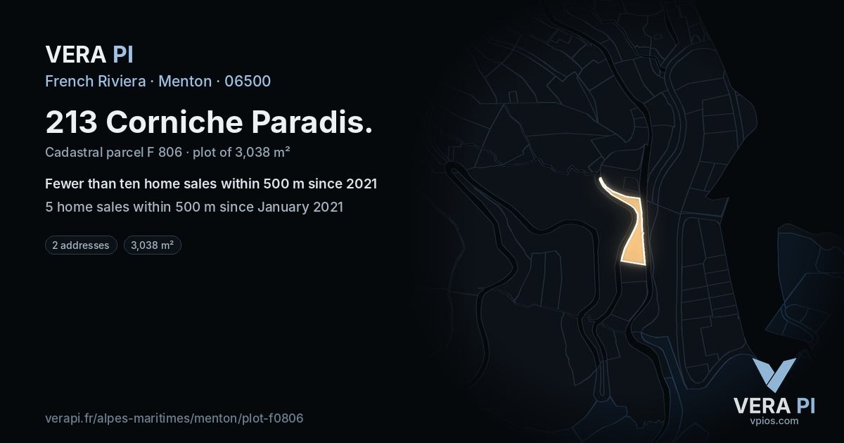 213 Corniche Paradis, Menton at night – the plot lit, the parcels around coloured by the prices near them