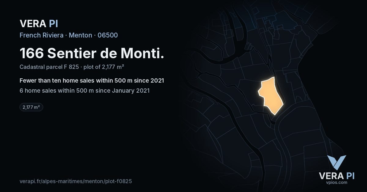 166 Sentier de Monti, Menton at night – the plot lit, the parcels around coloured by the prices near them