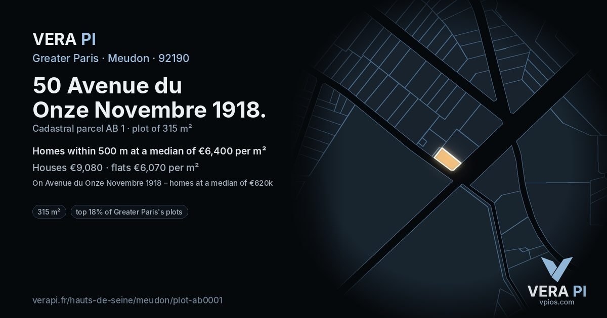 50 Avenue du Onze Novembre 1918, Meudon at night – the plot lit, the parcels around coloured by the prices near them