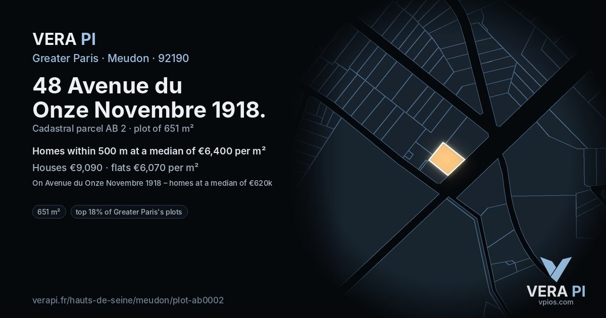 48 Avenue du Onze Novembre 1918, Meudon at night – the plot lit, the parcels around coloured by the prices near them