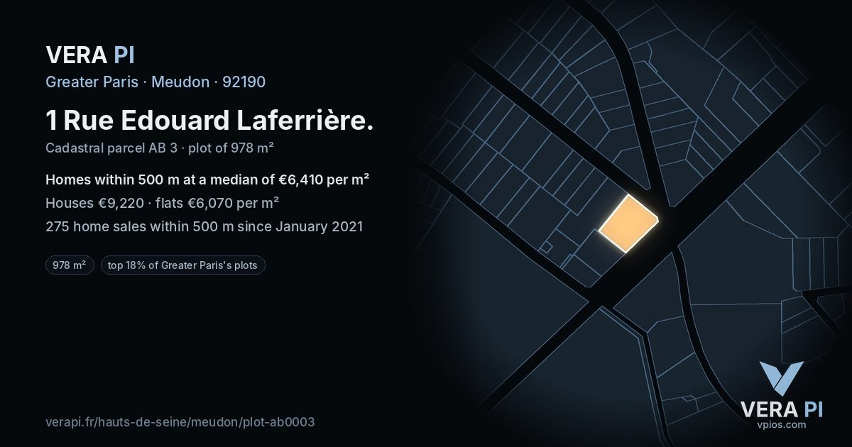 1 Rue Edouard Laferrière, Meudon at night – the plot lit, the parcels around coloured by the prices near them