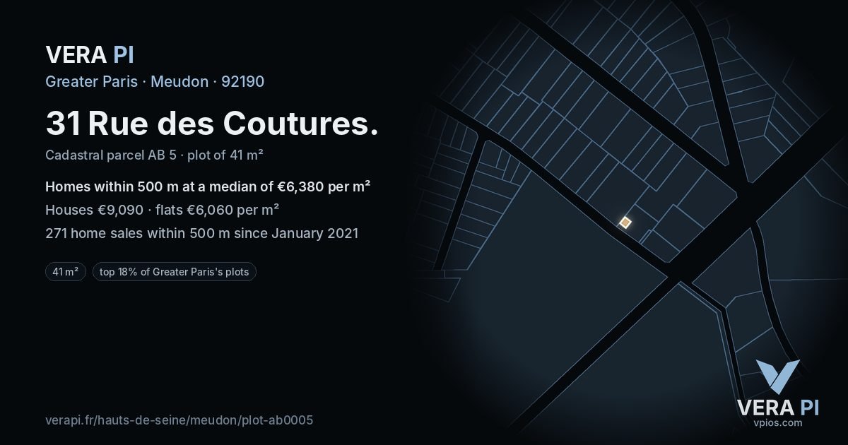 31 Rue des Coutures, Meudon at night – the plot lit, the parcels around coloured by the prices near them