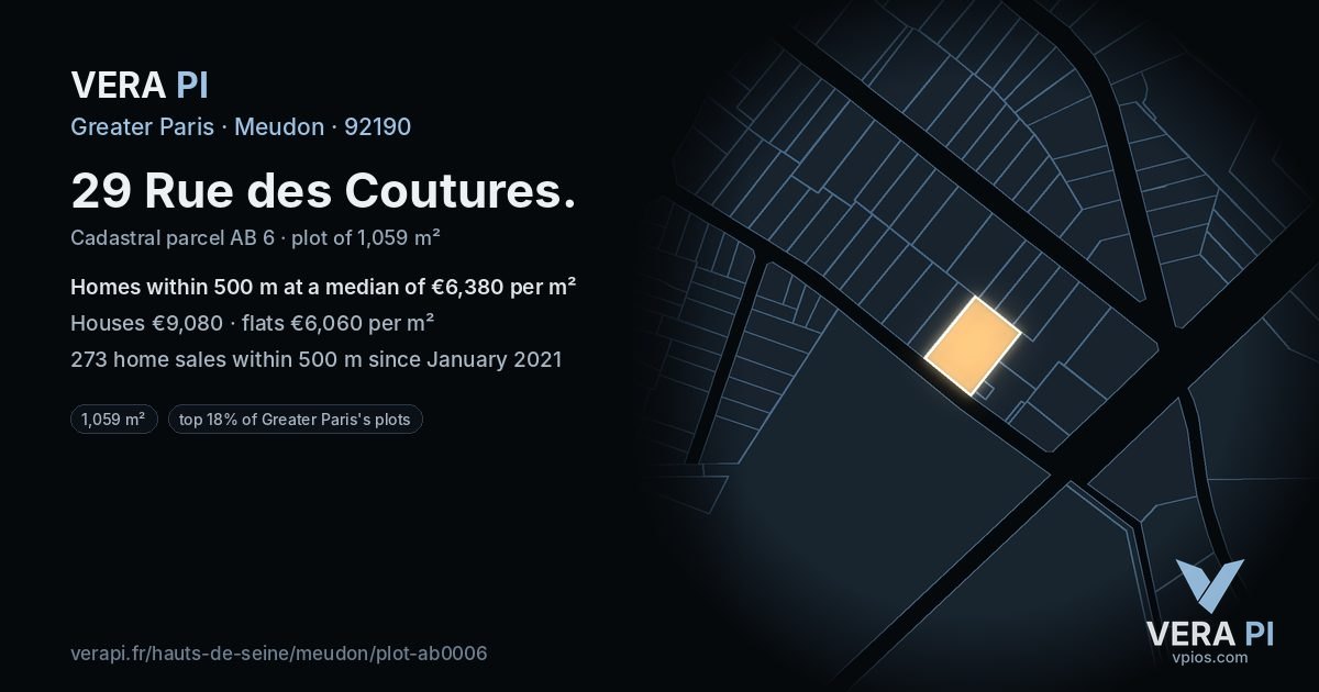 29 Rue des Coutures, Meudon at night – the plot lit, the parcels around coloured by the prices near them