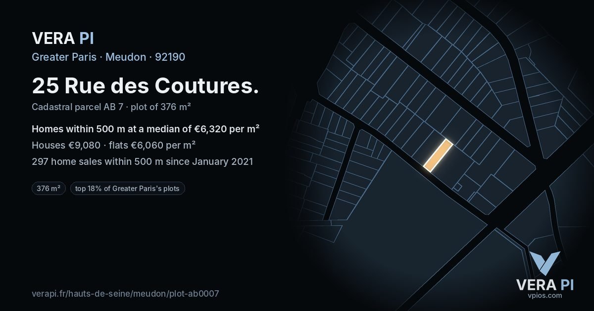 25 Rue des Coutures, Meudon at night – the plot lit, the parcels around coloured by the prices near them