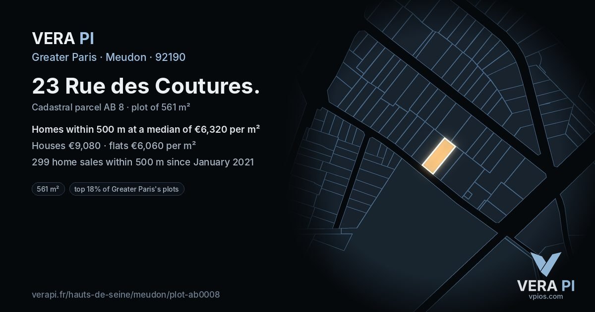 23 Rue des Coutures, Meudon at night – the plot lit, the parcels around coloured by the prices near them