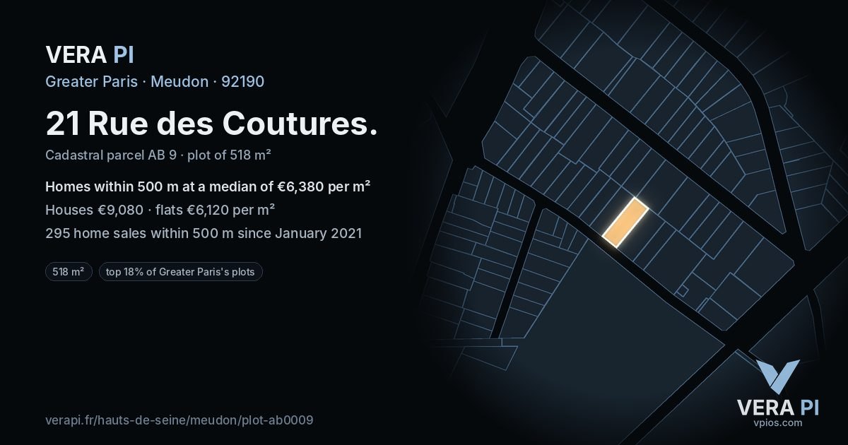 21 Rue des Coutures, Meudon at night – the plot lit, the parcels around coloured by the prices near them