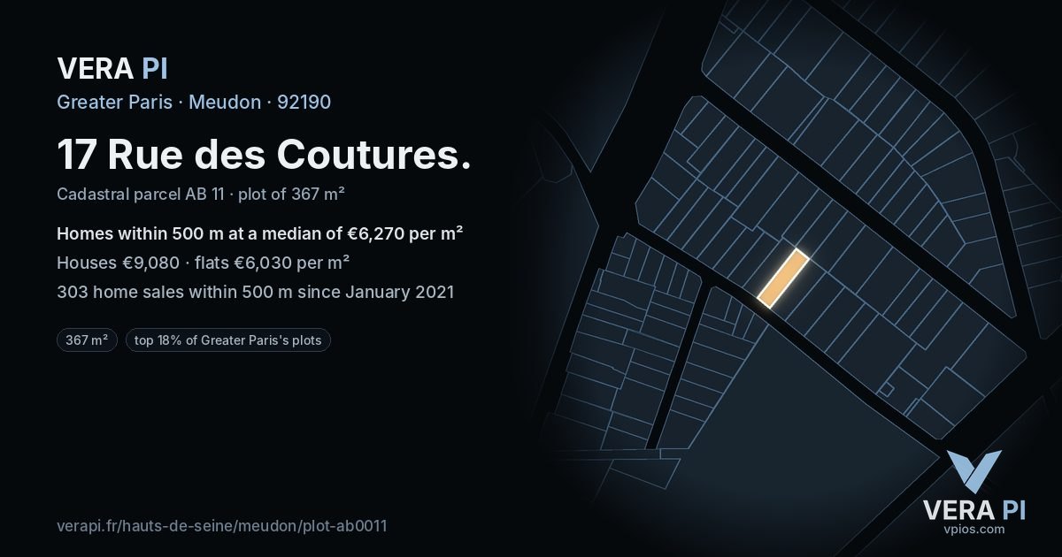 17 Rue des Coutures, Meudon at night – the plot lit, the parcels around coloured by the prices near them