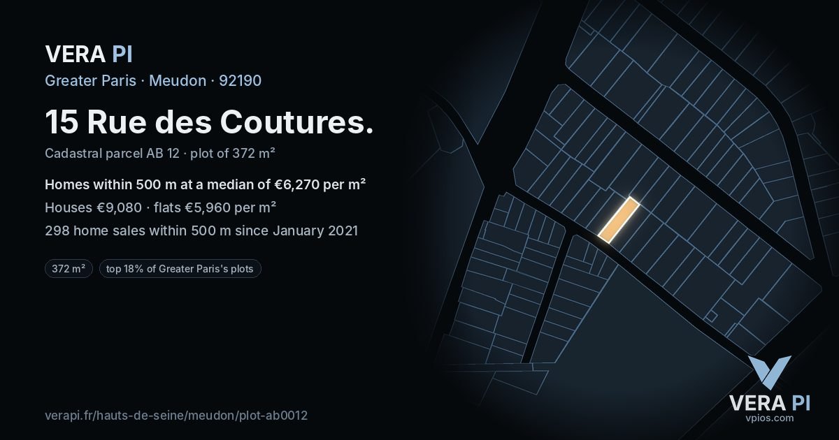 15 Rue des Coutures, Meudon at night – the plot lit, the parcels around coloured by the prices near them