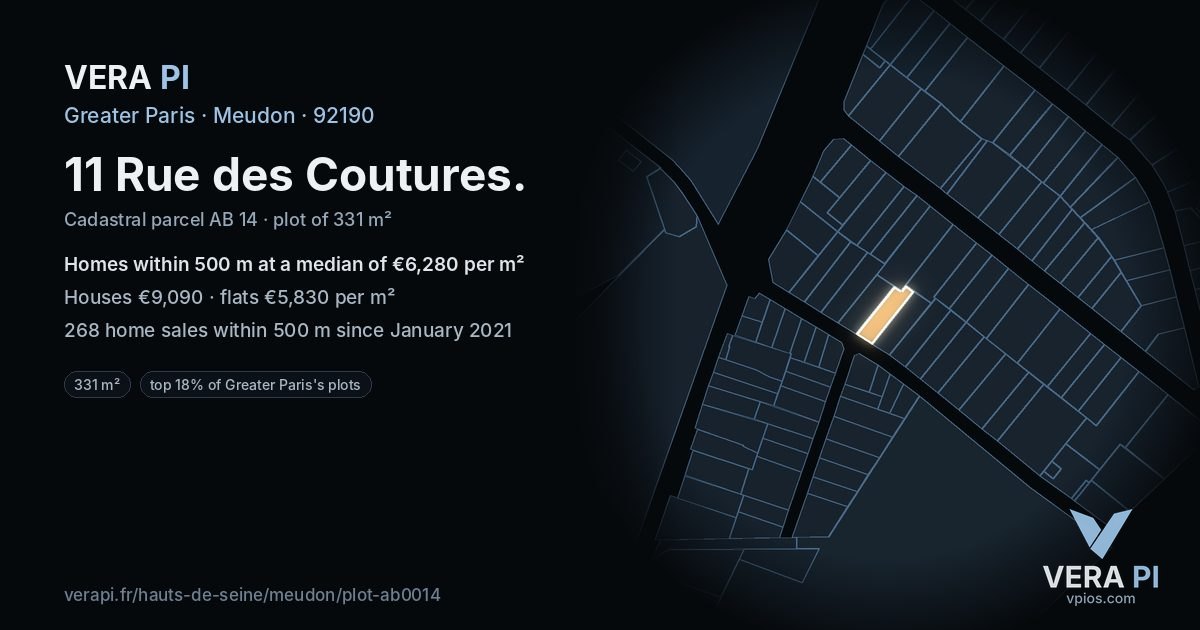 11 Rue des Coutures, Meudon at night – the plot lit, the parcels around coloured by the prices near them