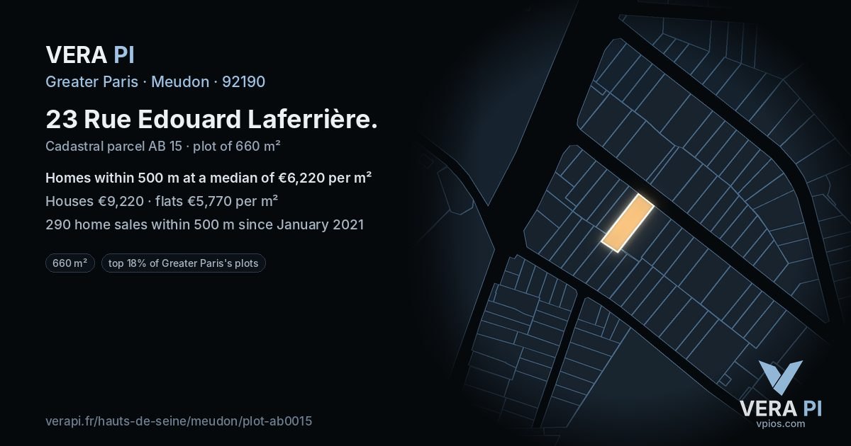 23 Rue Edouard Laferrière, Meudon at night – the plot lit, the parcels around coloured by the prices near them