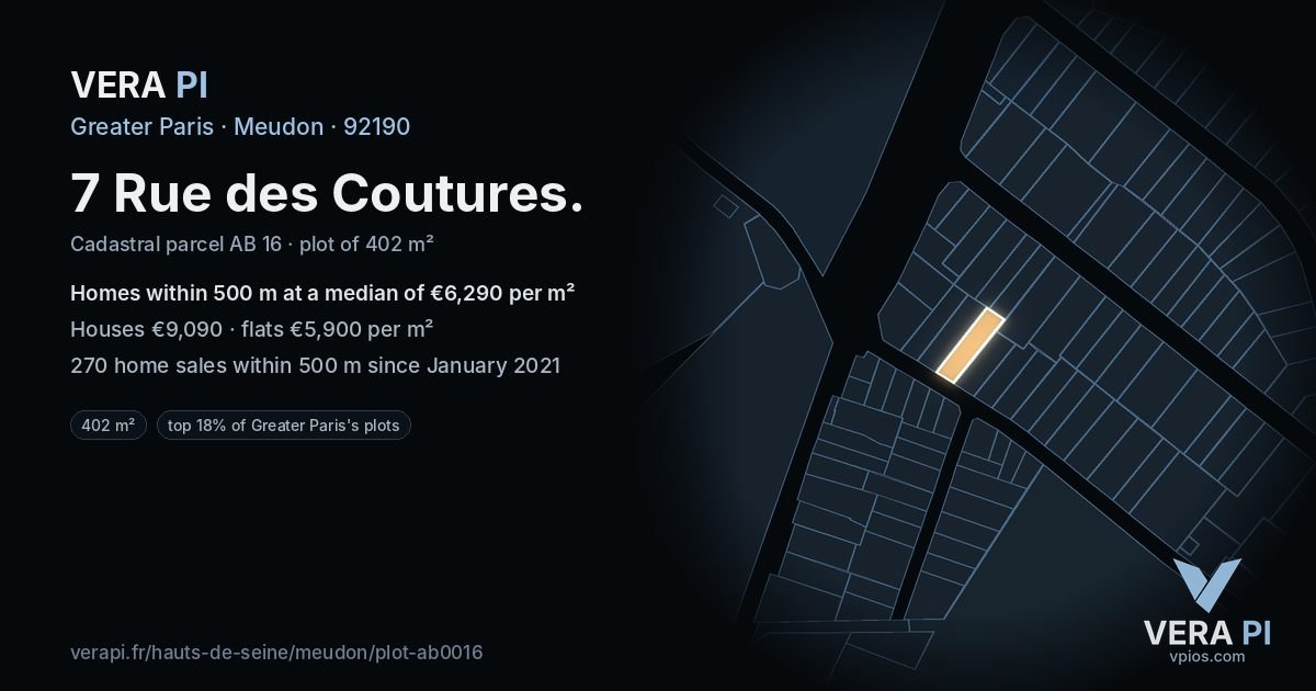 7 Rue des Coutures, Meudon at night – the plot lit, the parcels around coloured by the prices near them