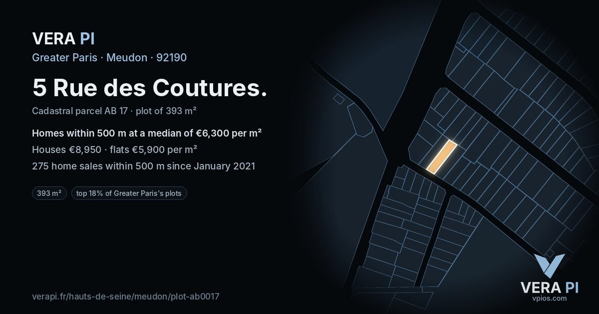 5 Rue des Coutures, Meudon at night – the plot lit, the parcels around coloured by the prices near them