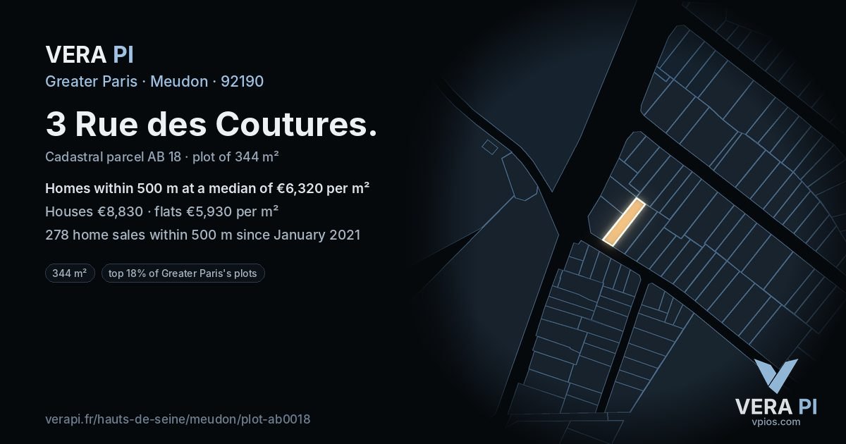 3 Rue des Coutures, Meudon at night – the plot lit, the parcels around coloured by the prices near them