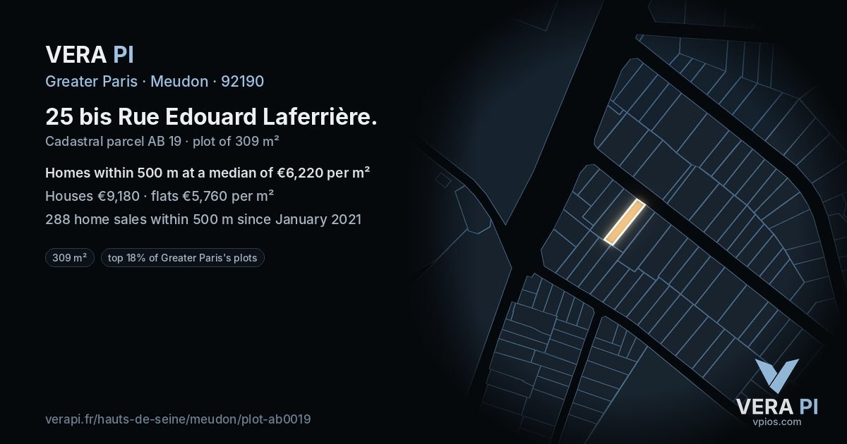 25 bis Rue Edouard Laferrière, Meudon at night – the plot lit, the parcels around coloured by the prices near them