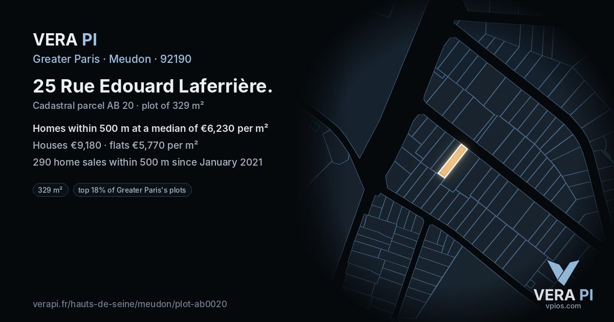 25 Rue Edouard Laferrière, Meudon at night – the plot lit, the parcels around coloured by the prices near them