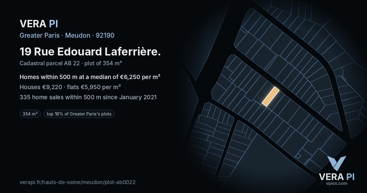 19 Rue Edouard Laferrière, Meudon at night – the plot lit, the parcels around coloured by the prices near them