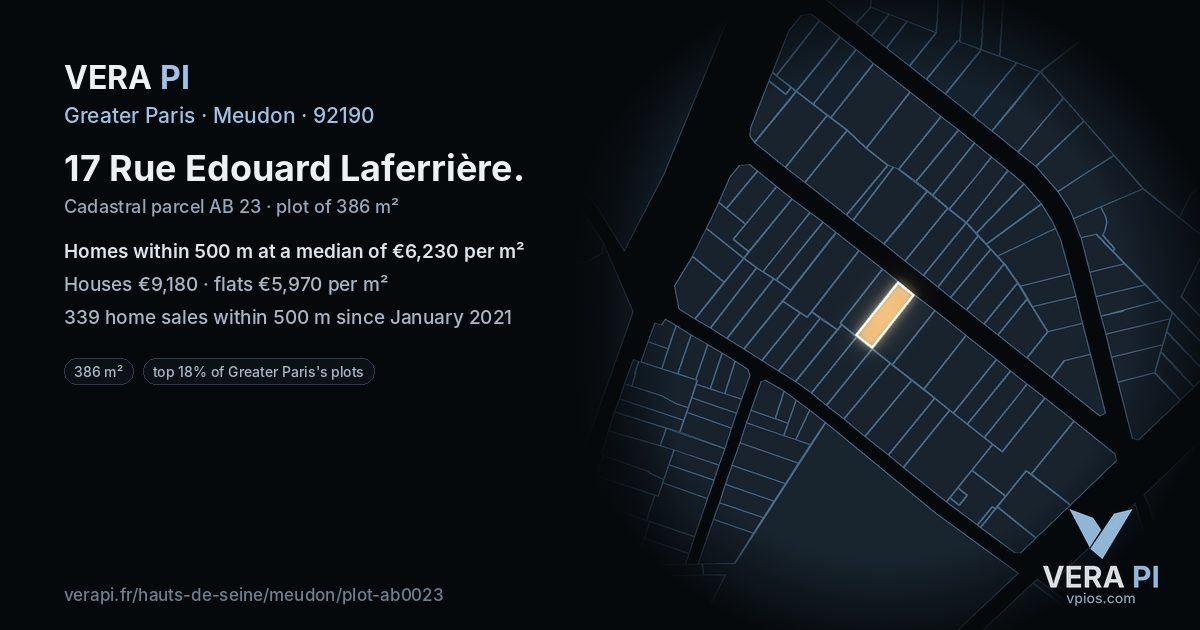 17 Rue Edouard Laferrière, Meudon at night – the plot lit, the parcels around coloured by the prices near them