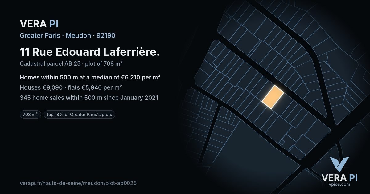 11 Rue Edouard Laferrière, Meudon at night – the plot lit, the parcels around coloured by the prices near them