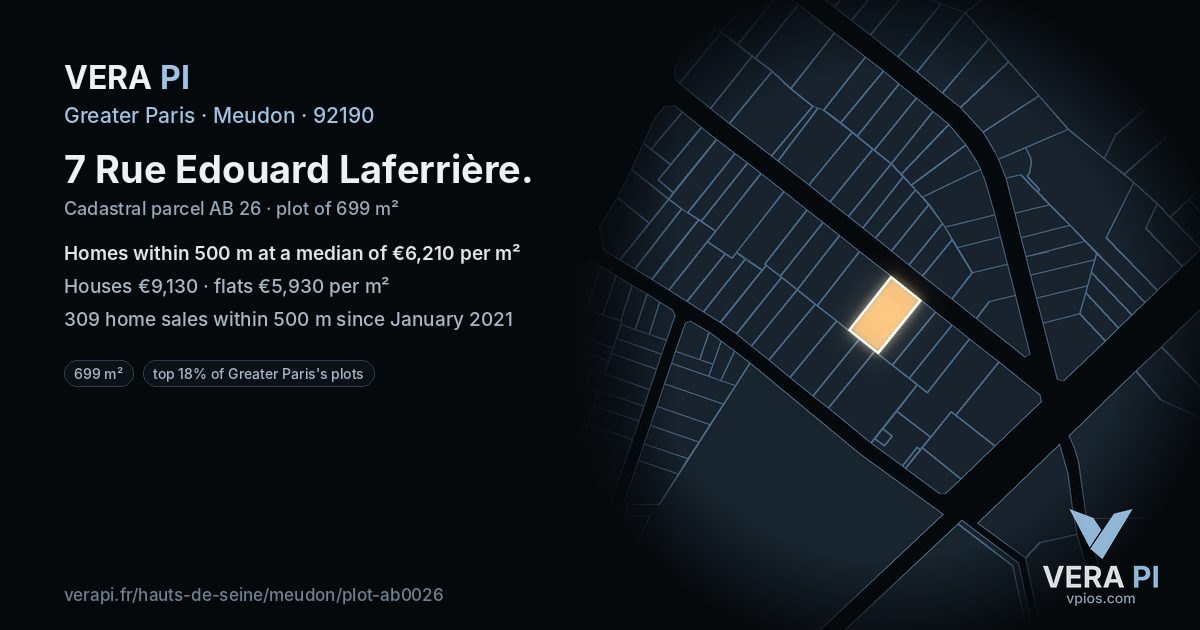 7 Rue Edouard Laferrière, Meudon at night – the plot lit, the parcels around coloured by the prices near them