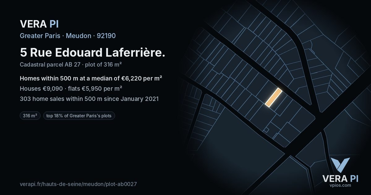 5 Rue Edouard Laferrière, Meudon at night – the plot lit, the parcels around coloured by the prices near them