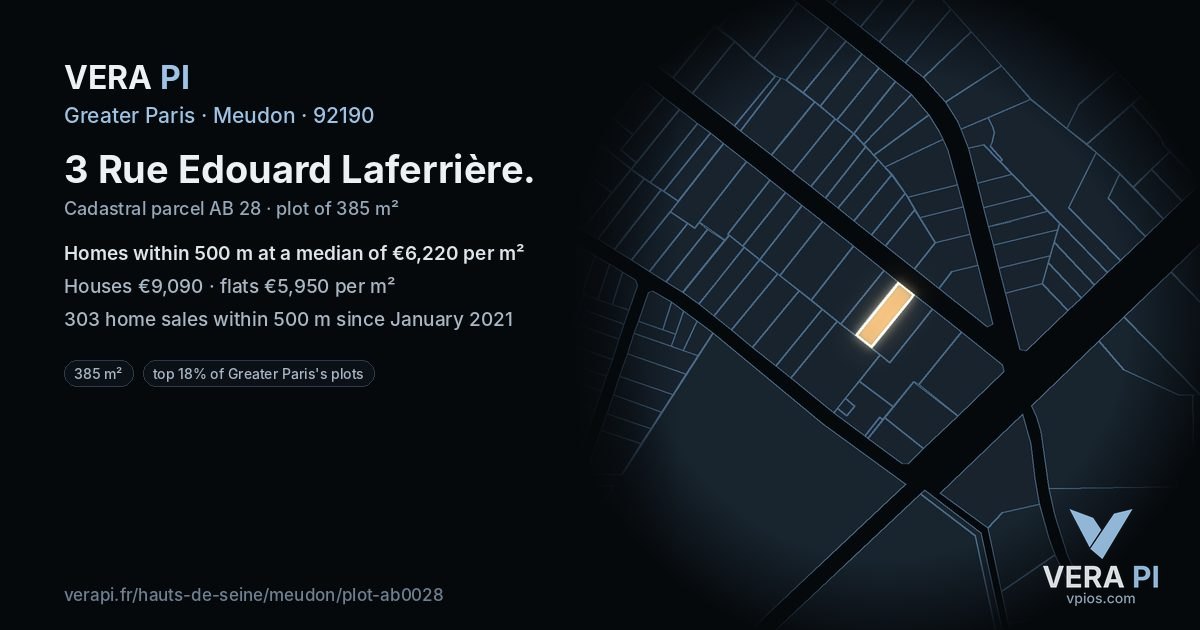3 Rue Edouard Laferrière, Meudon at night – the plot lit, the parcels around coloured by the prices near them