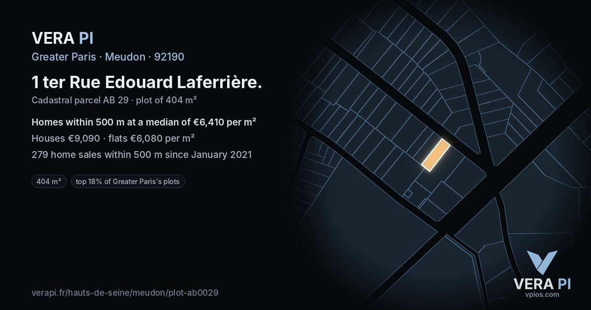 1 ter Rue Edouard Laferrière, Meudon at night – the plot lit, the parcels around coloured by the prices near them