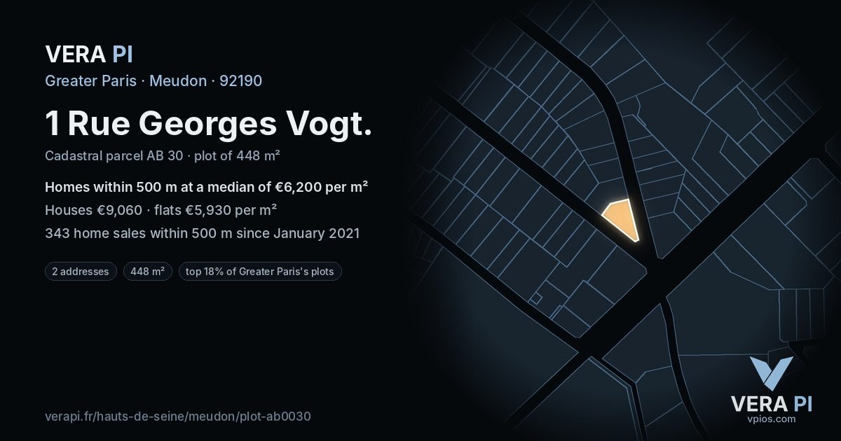 1 Rue Georges Vogt, Meudon at night – the plot lit, the parcels around coloured by the prices near them