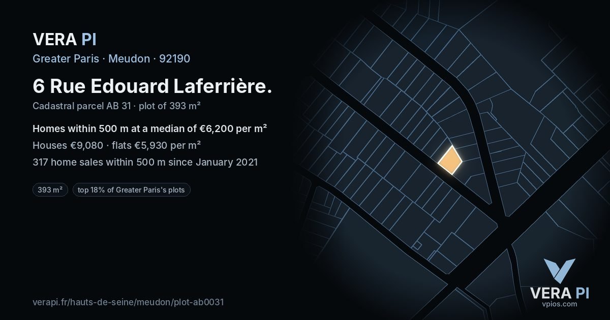 6 Rue Edouard Laferrière, Meudon at night – the plot lit, the parcels around coloured by the prices near them