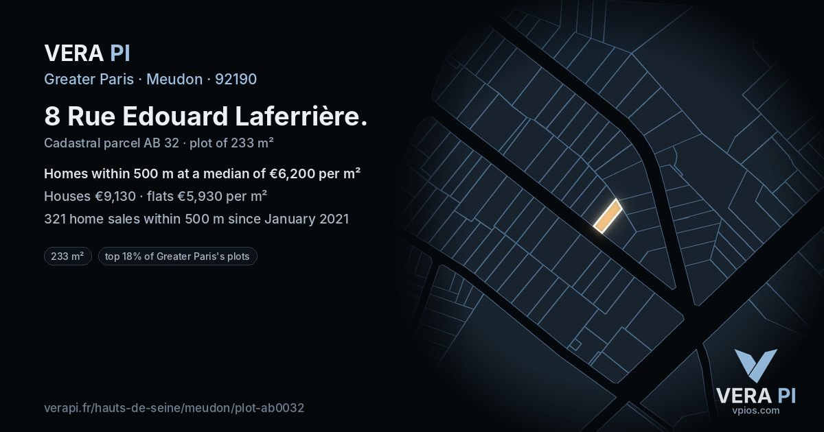 8 Rue Edouard Laferrière, Meudon at night – the plot lit, the parcels around coloured by the prices near them