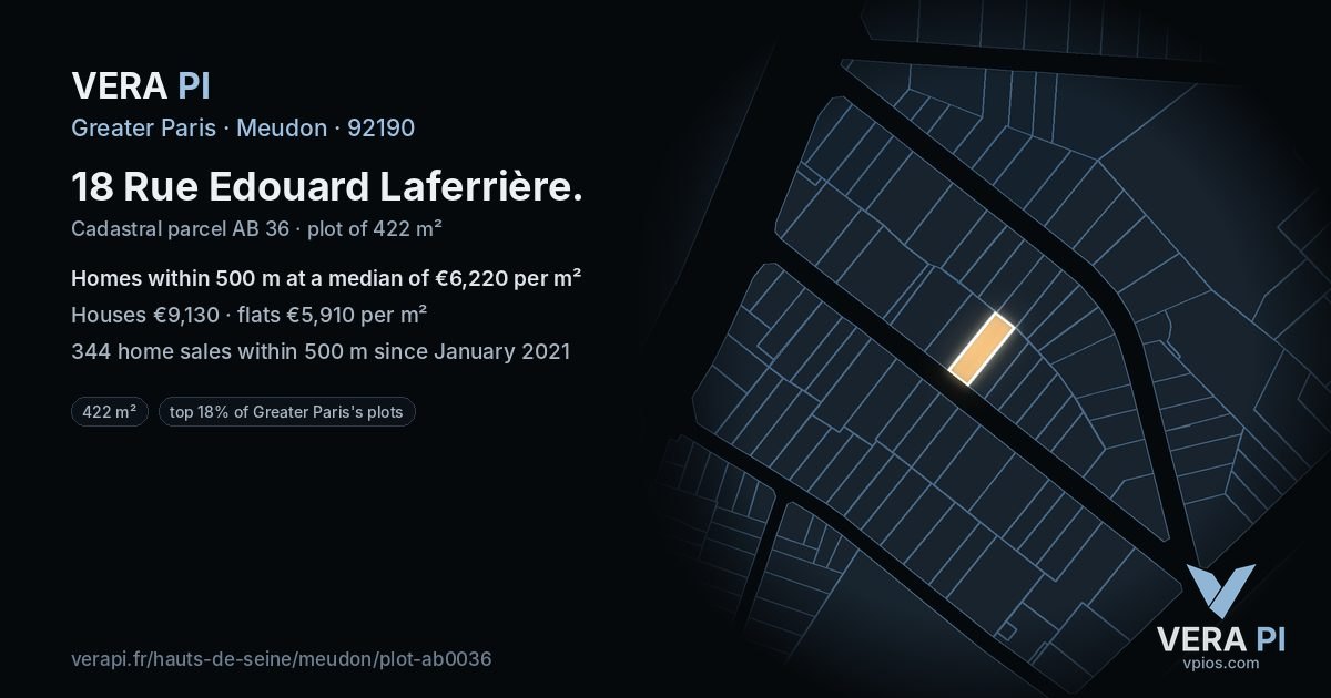 18 Rue Edouard Laferrière, Meudon at night – the plot lit, the parcels around coloured by the prices near them