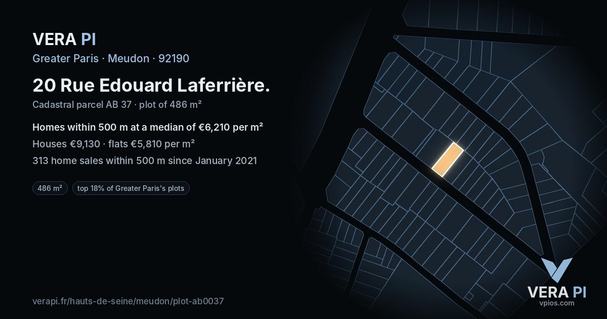 20 Rue Edouard Laferrière, Meudon at night – the plot lit, the parcels around coloured by the prices near them
