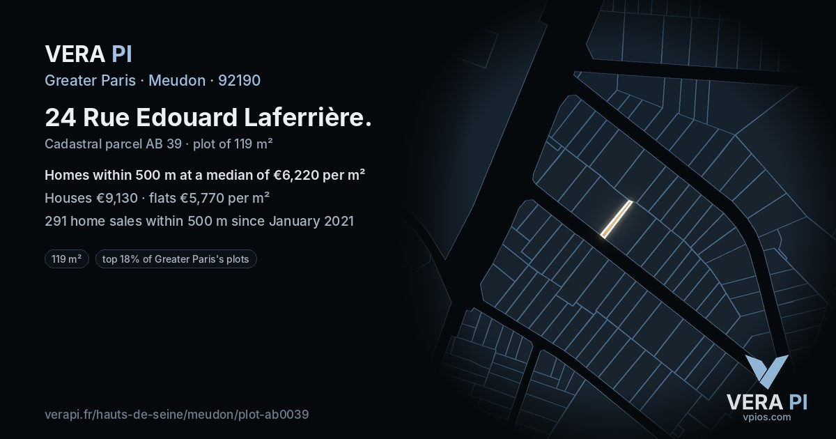 24 Rue Edouard Laferrière, Meudon at night – the plot lit, the parcels around coloured by the prices near them